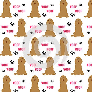 A seamless pattern with brown spaniel dogs and footsteps